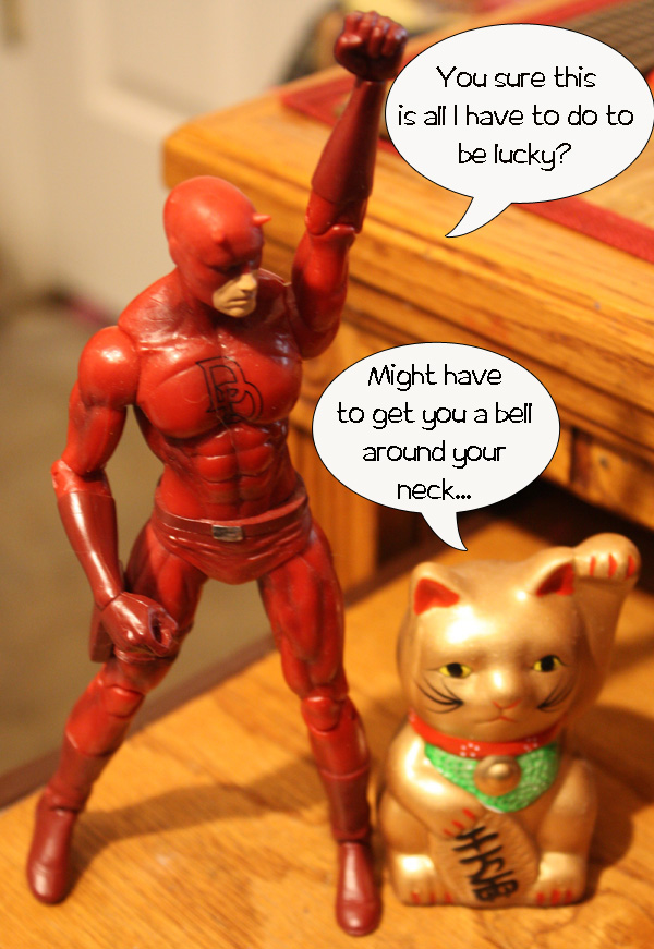 Daredevil asks the Maneki Neko what he has to do to be lucky